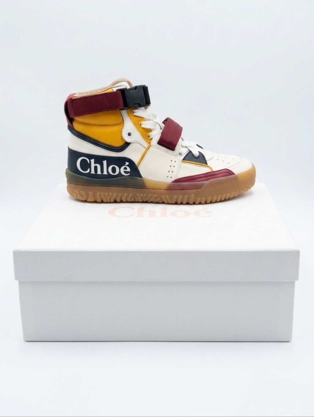 Kids High-Top Sneaker in White, Yellow & Burgundy